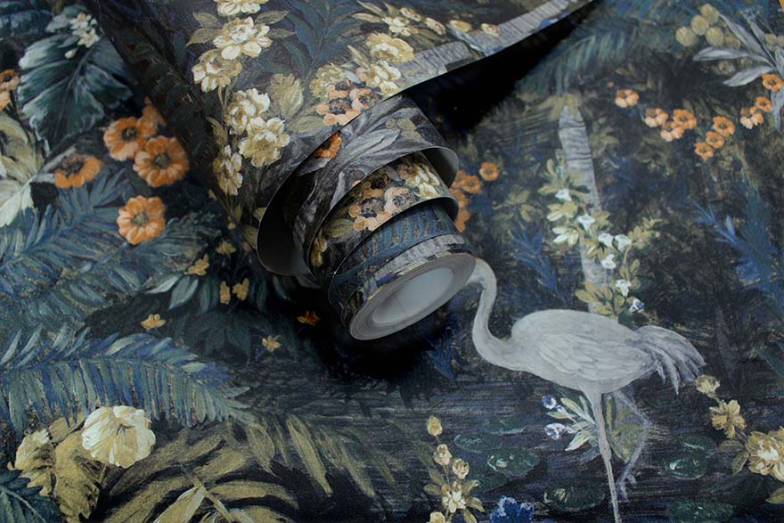 Masoala Tropical Crane Wallpaper - Navy - Discontinuing
