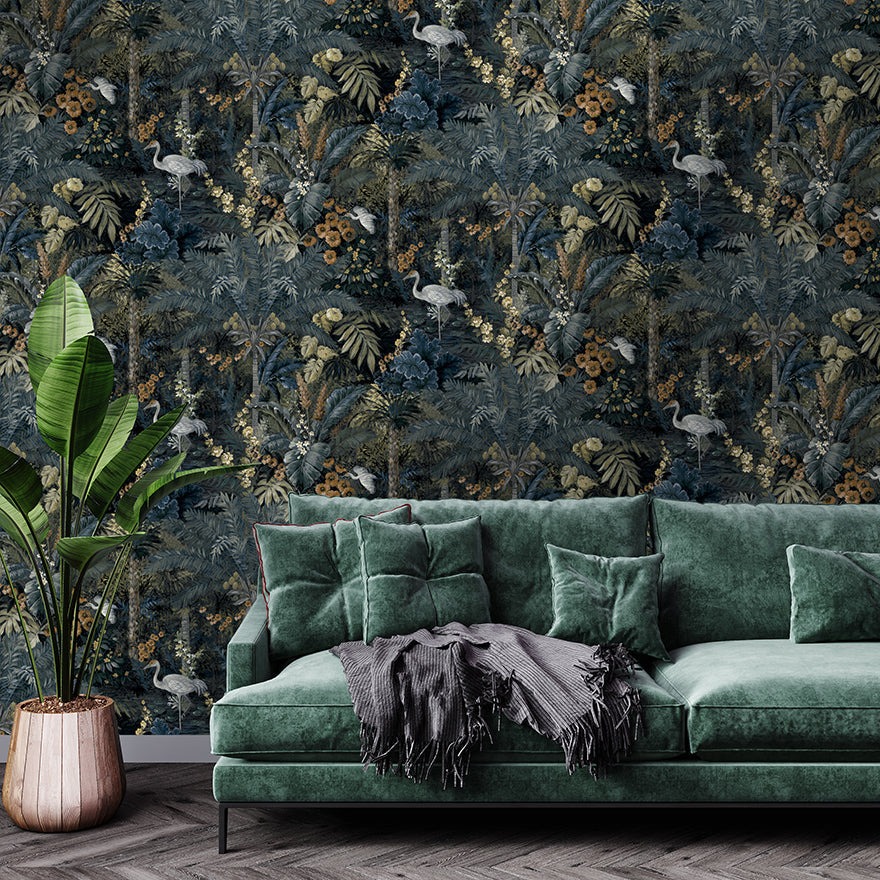 Masoala Tropical Crane Wallpaper - Navy - Discontinuing