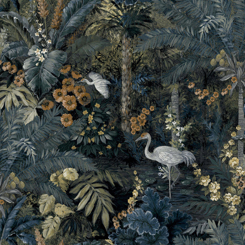 Masoala - tropical wallpaper with cranes - Navy