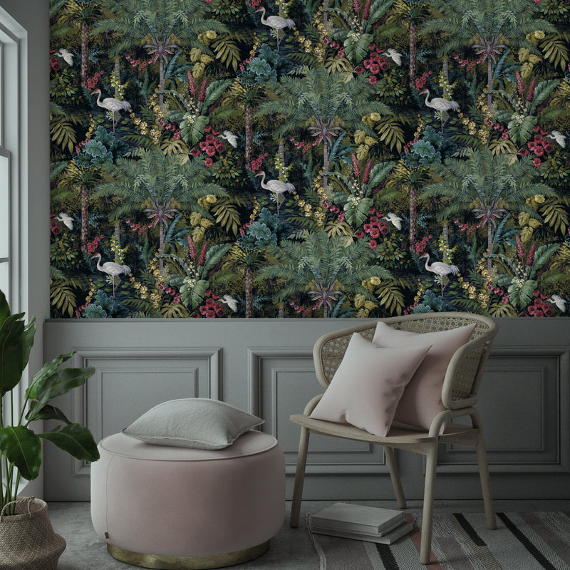 Masoala - Tropical Wallpaper With Cranes - Black