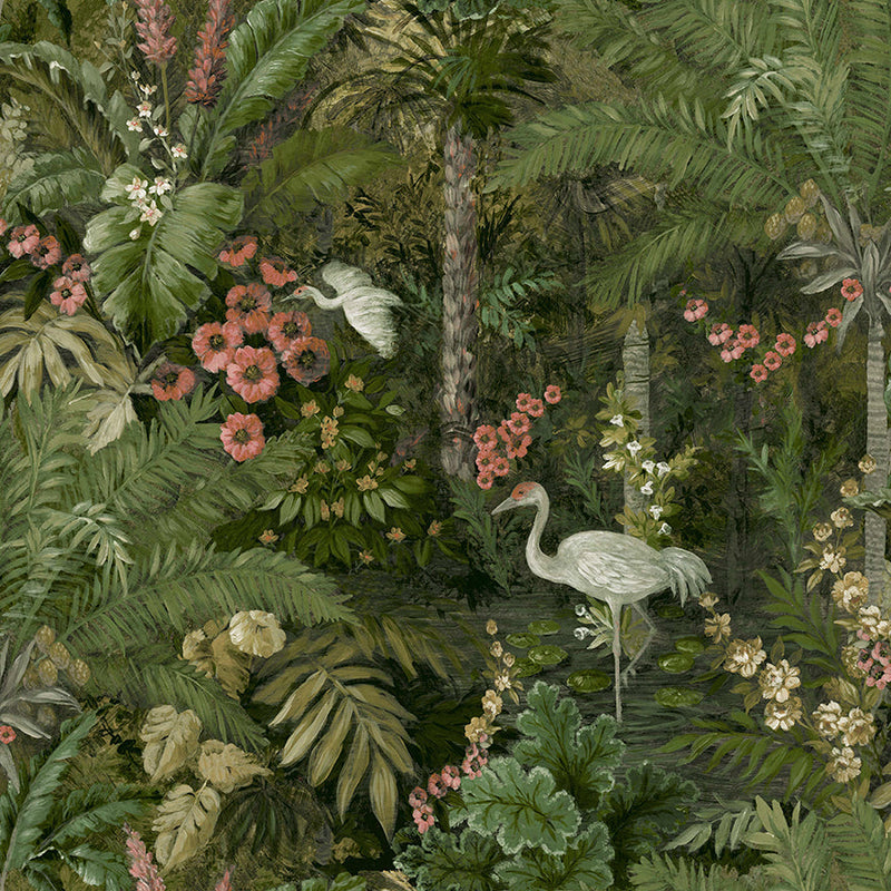 Masoala - tropical wallpaper with cranes - Green