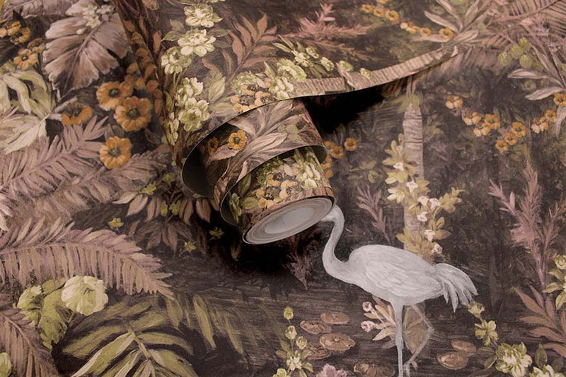 Masoala - Tropical Wallpaper With Cranes - Pink