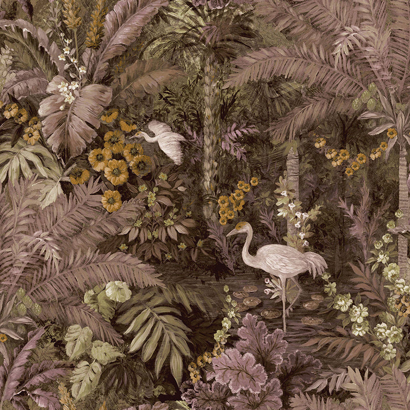 Masoala - Tropical Wallpaper With Cranes - Pink