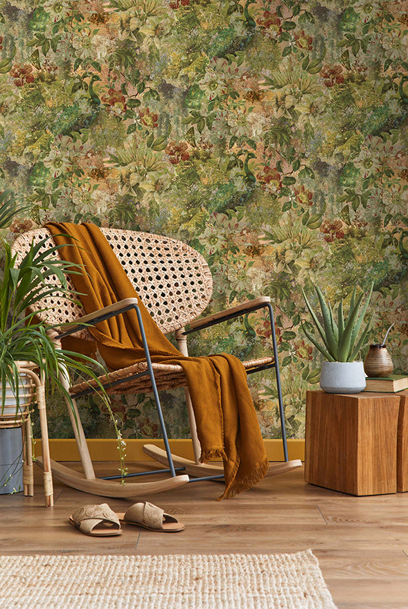 Thalia - Peacock Distressed Concrete Wallpaper - Multi