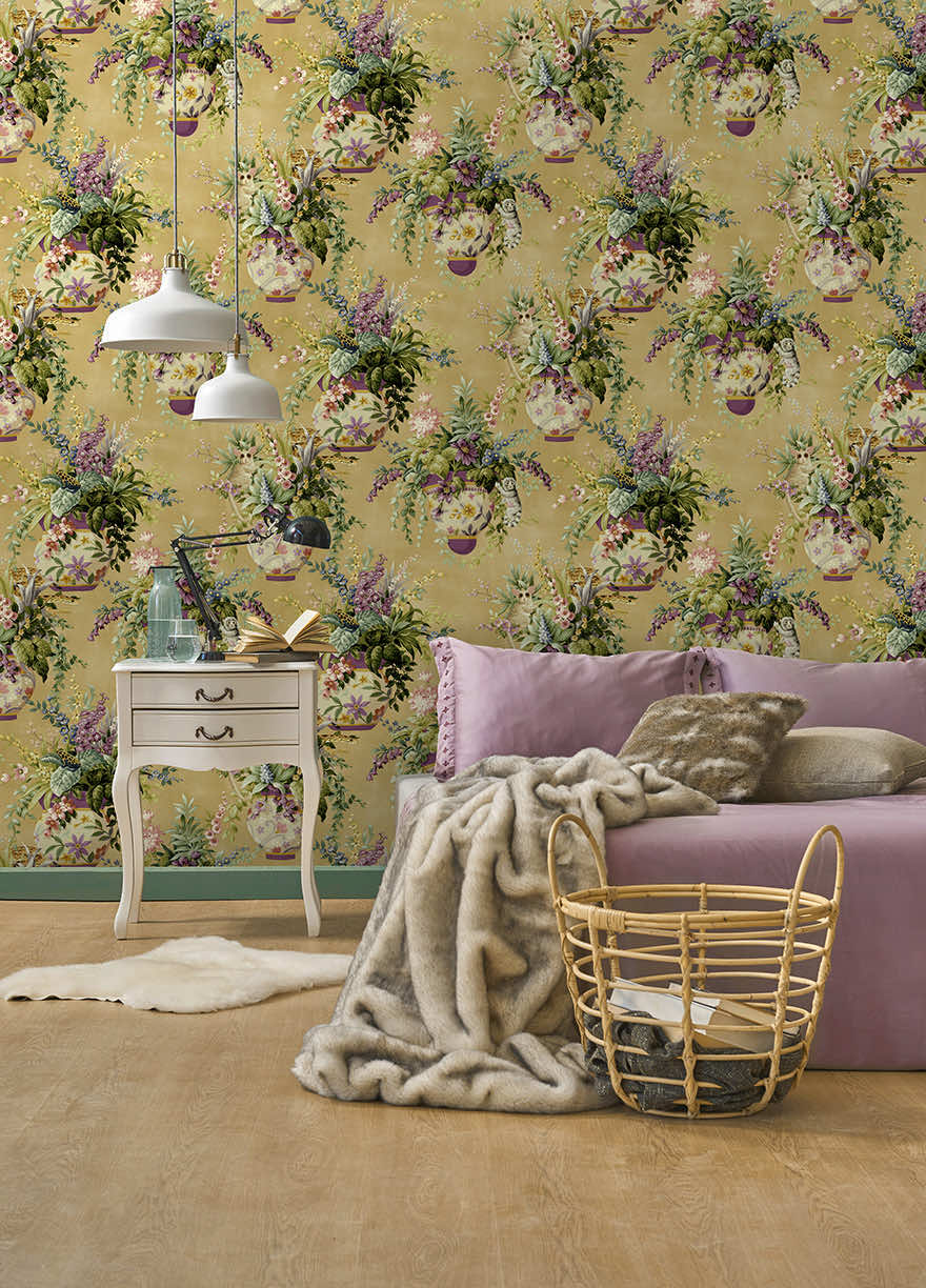 Rivara - Vase and Wildlife Wallpaper - Ochre - Discontinuing