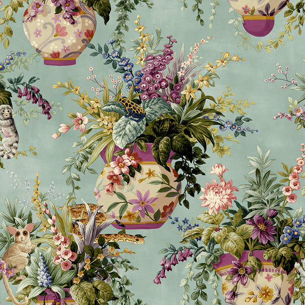 Sample - Rivara - Vase and Wildlife Wallpaper - Soft Teal