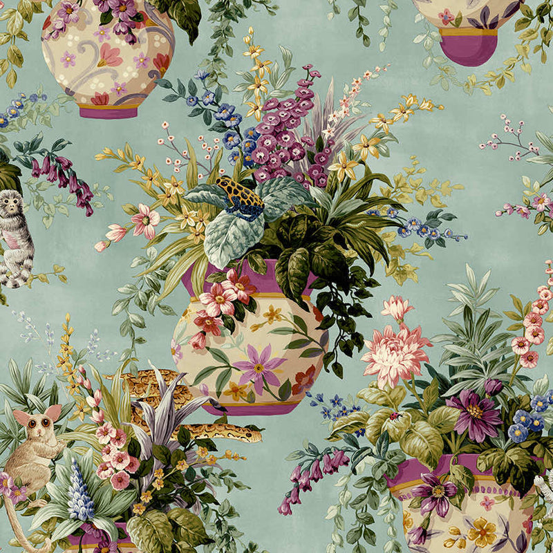 Sample - Rivara - Vase and Wildlife Wallpaper - Soft Teal