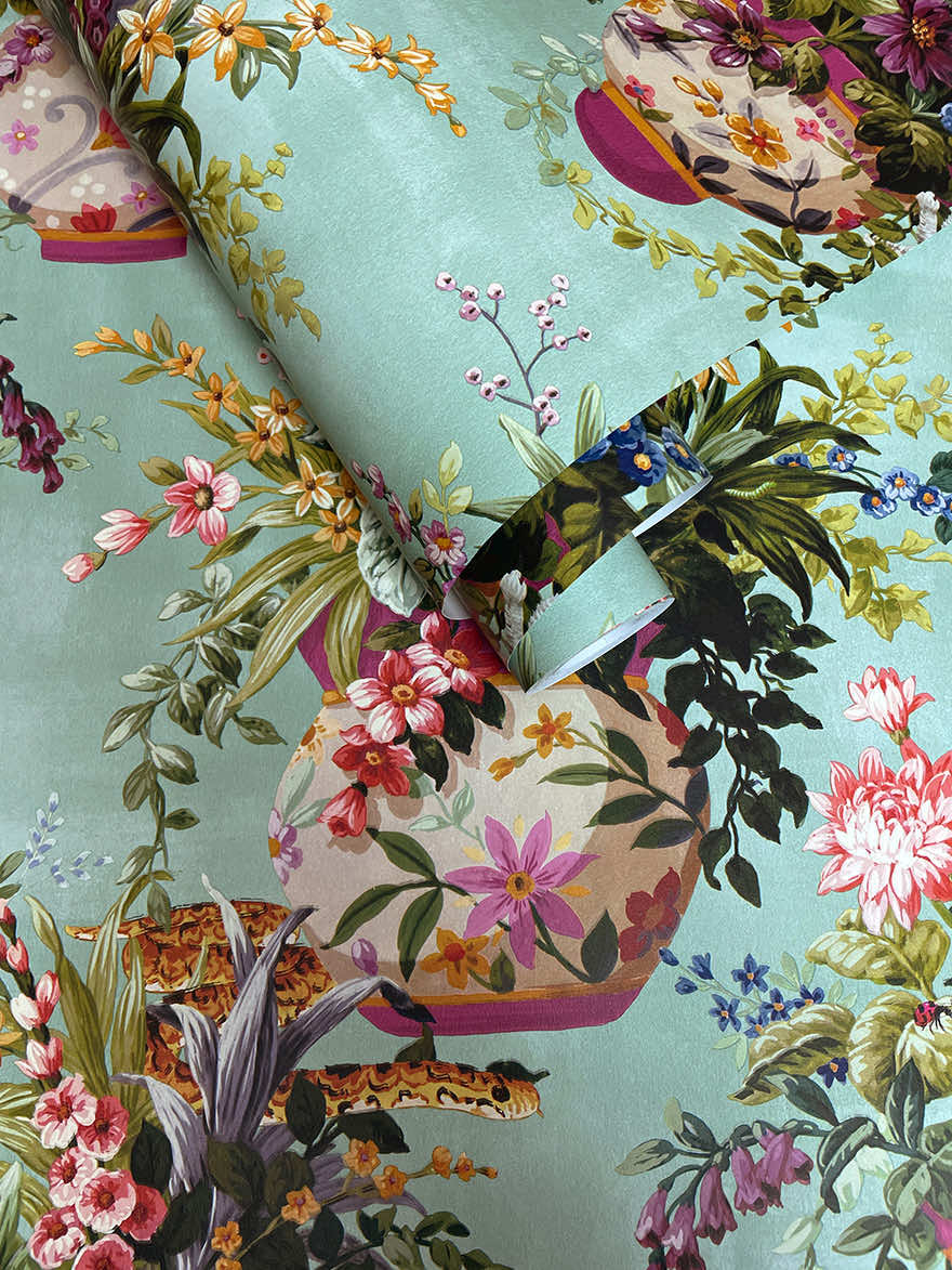 Rivara - Vase and Wildlife Wallpaper - Soft Teal - Discontinuing