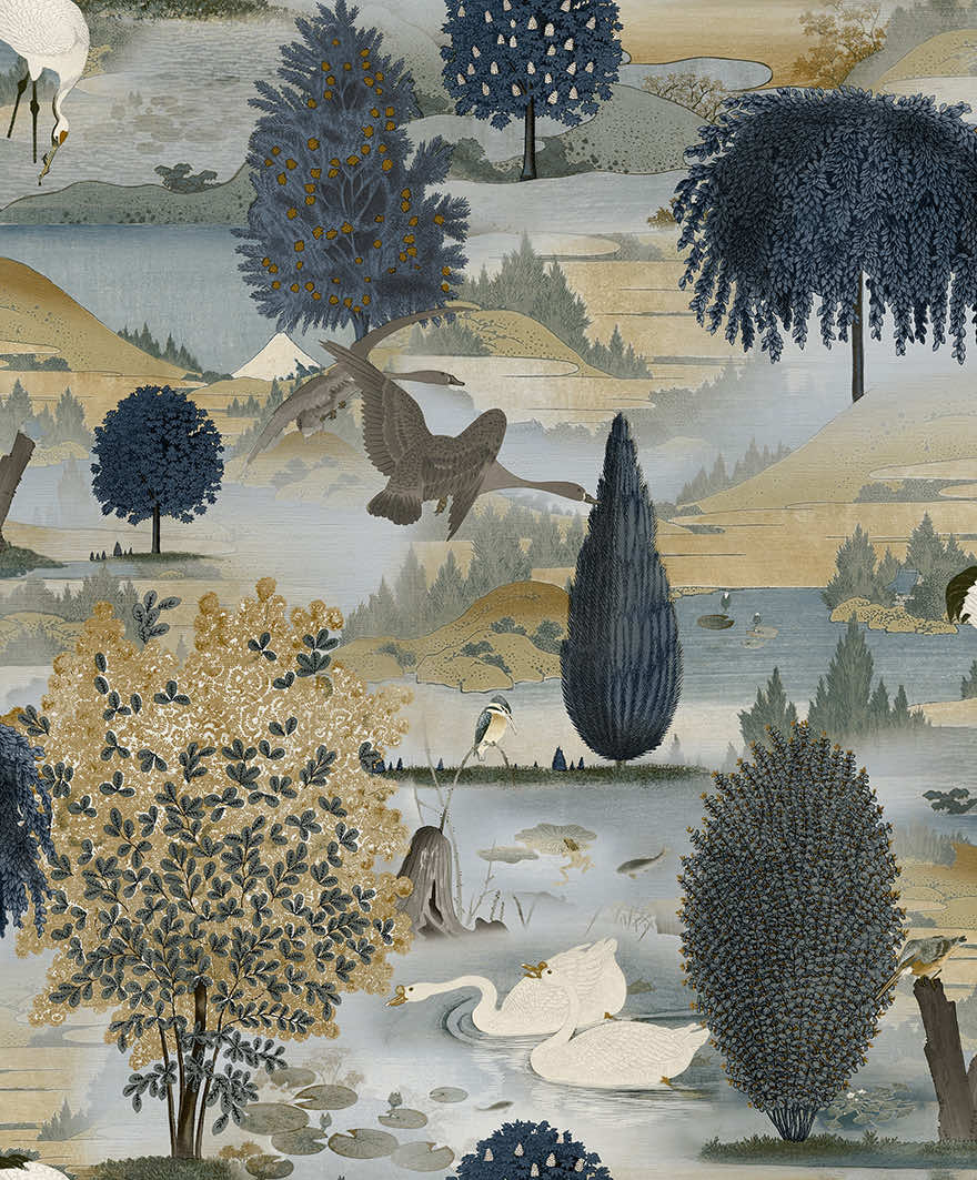 Tundra - Scenic Landscape Wallpaper - Navy/Ochre - Discontinuing
