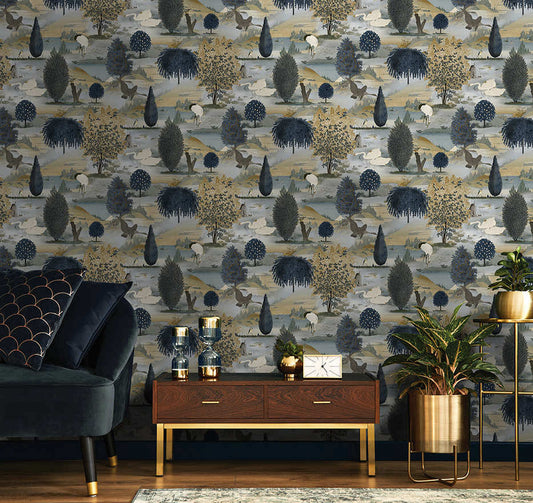 Tundra - Scenic Landscape Wallpaper - Navy/Ochre - Discontinuing