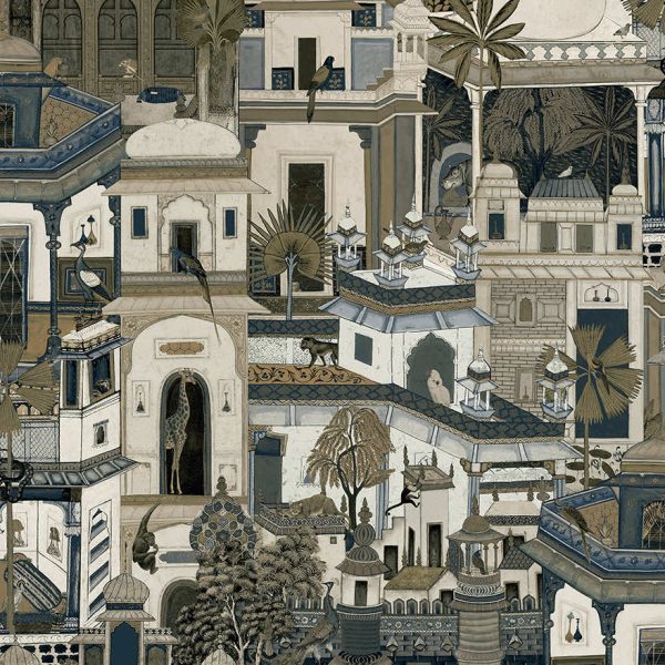 Civita - Moroccan City with Jungle Wallpaper - Navy