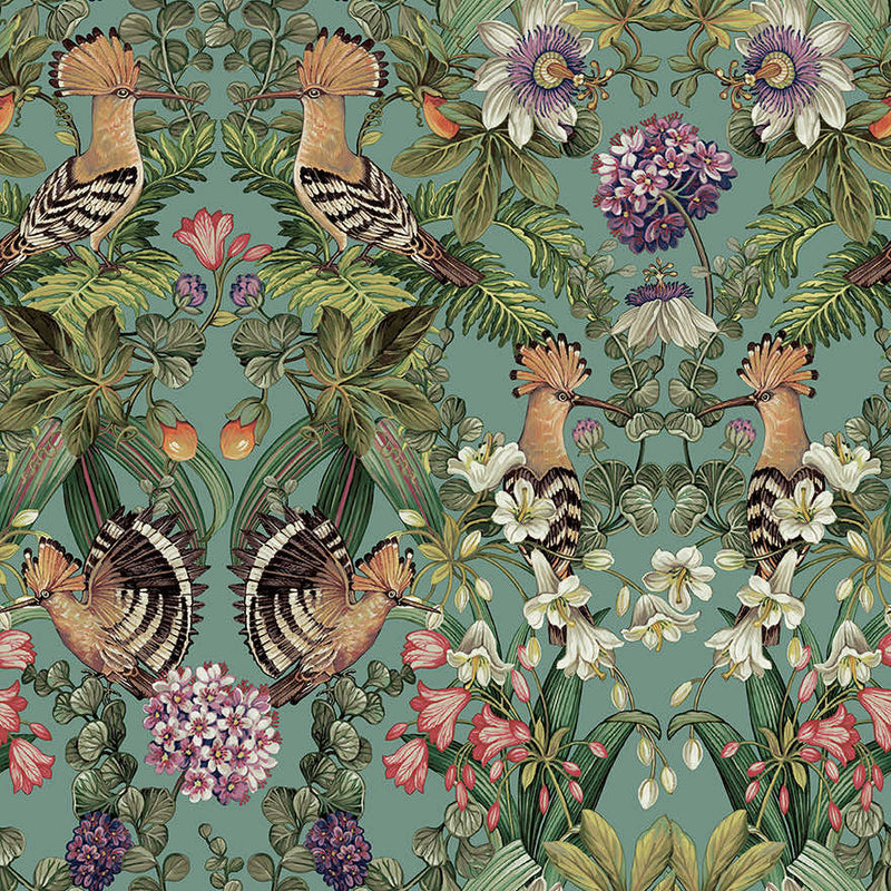 Marimo - Botanical and Birds Wallpaper - Soft Teal