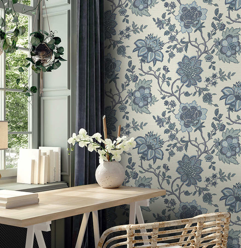 Regan - Artistic Floral Wallpaper - Blue