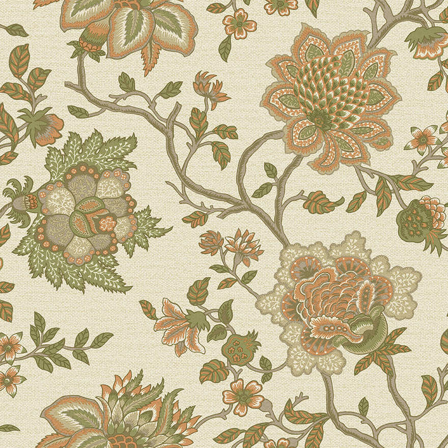 Sample - Regan - Artistic Floral Wallpaper - Orange/Sage