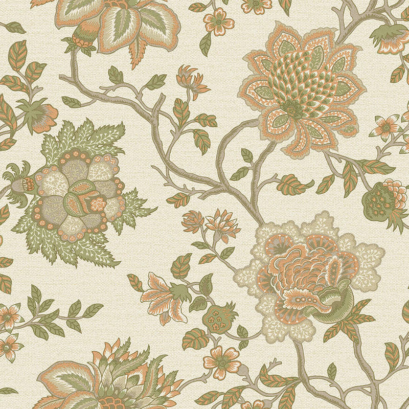 Sample - Regan - Artistic Floral Wallpaper - Orange/Sage