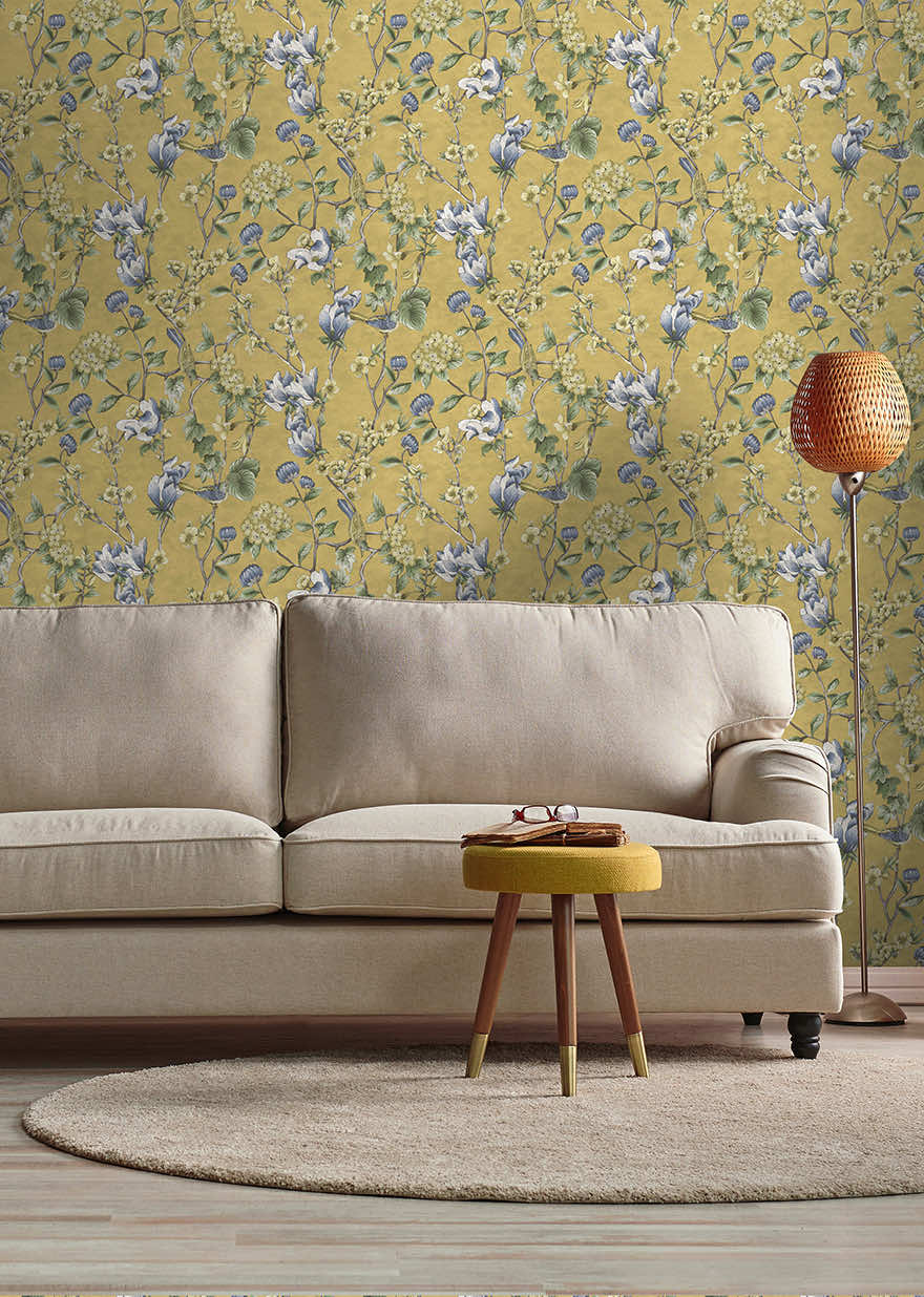 Nightingale - Floral Wallpaper - Ochre