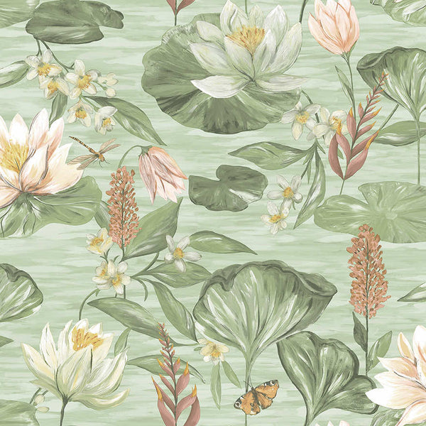 Sample - Water Lily Wallpaper - Green