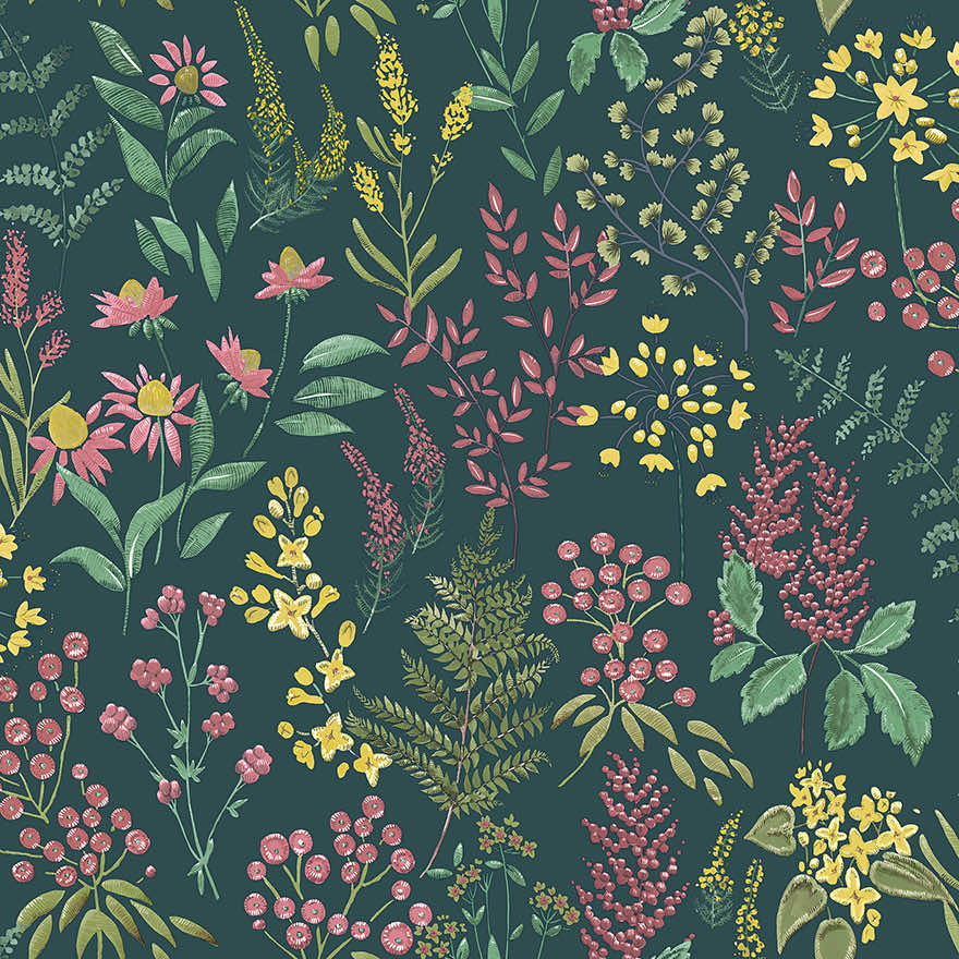 Sample - Calvert Meadows Wallpaper - Teal/Pink