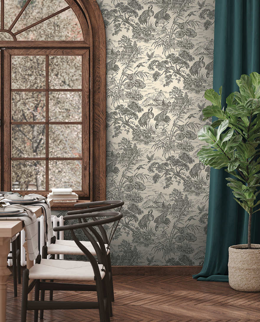 Natoru - Japanese Metallic Cranes Wallpaper - Cream/Charcoal