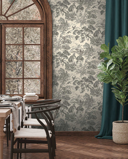 Natoru - Japanese Metallic Cranes Wallpaper - Cream/Charcoal