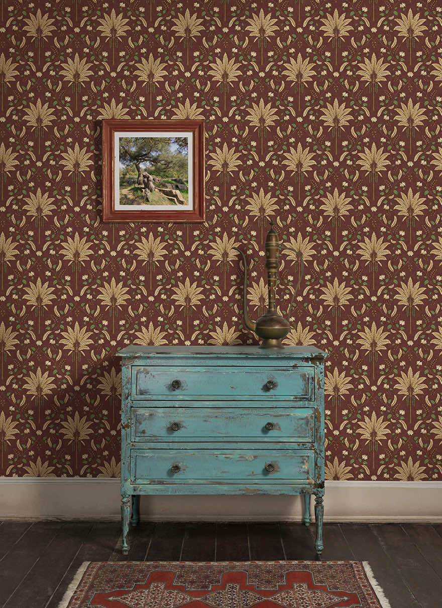 Ariara - Palm Trellis - Wallpaper - Maroon