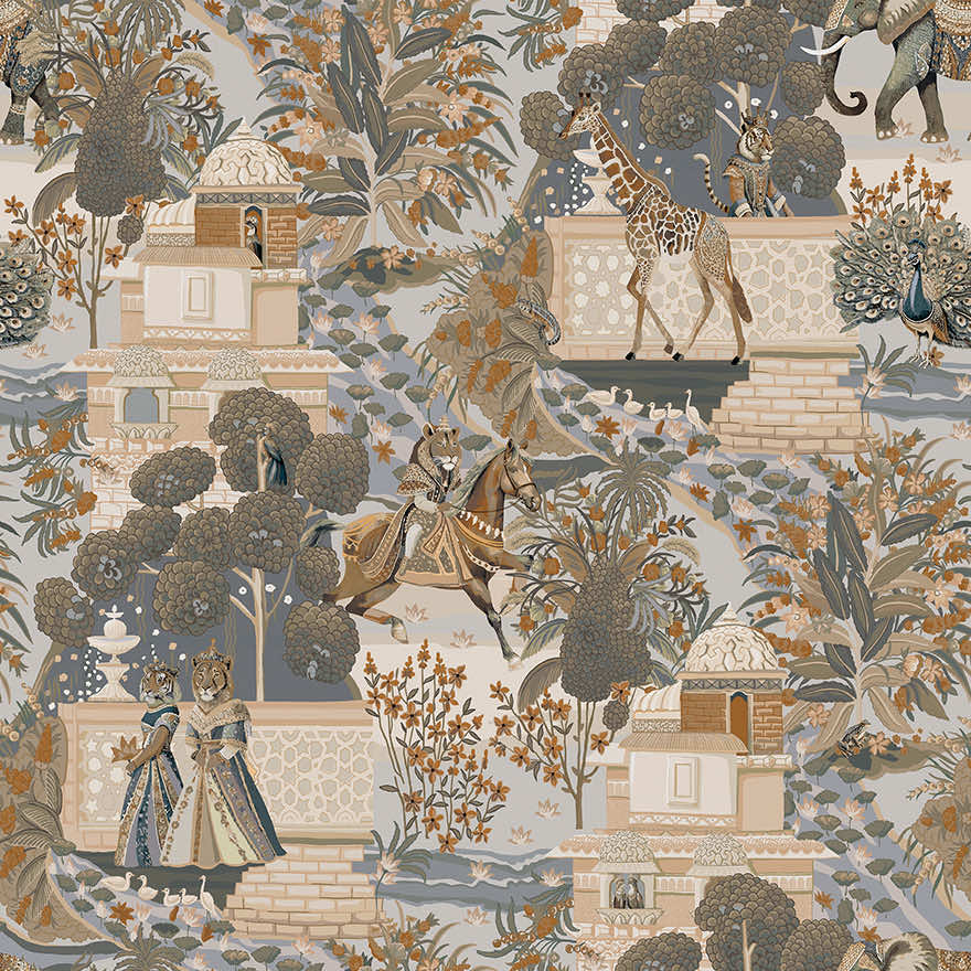Sample - Jal Mahal - royal fairy-tale Wallpaper -Navy/Orange