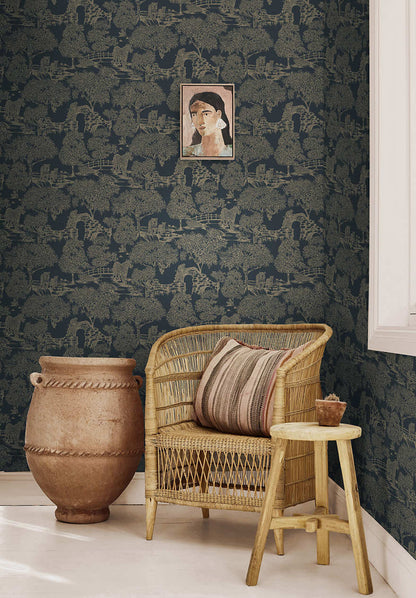 Samar - Metallic Forest Wallpaper - Navy