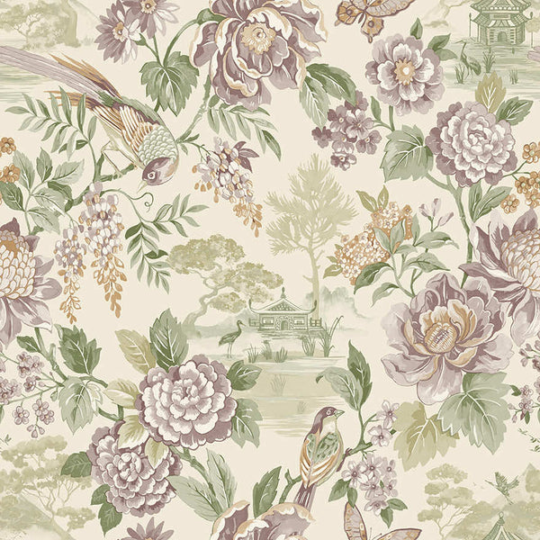 Sample - Hana - Japanese Floral - Wallpaper -Green/Cream