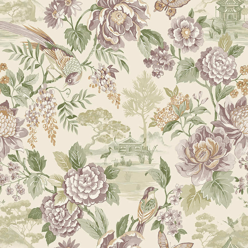 Hana - Japanese Floral - Wallpaper -Green/Cream