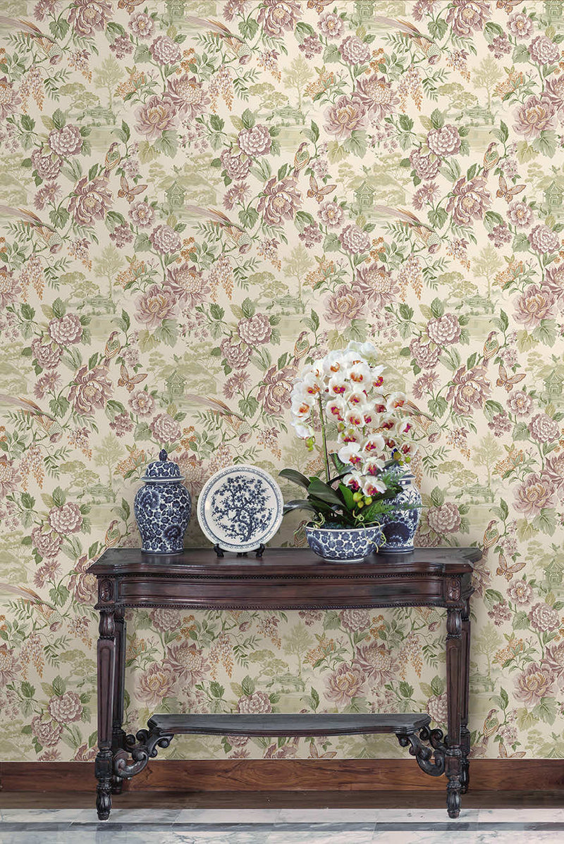 Hana - Japanese Floral - Wallpaper -Green/Cream