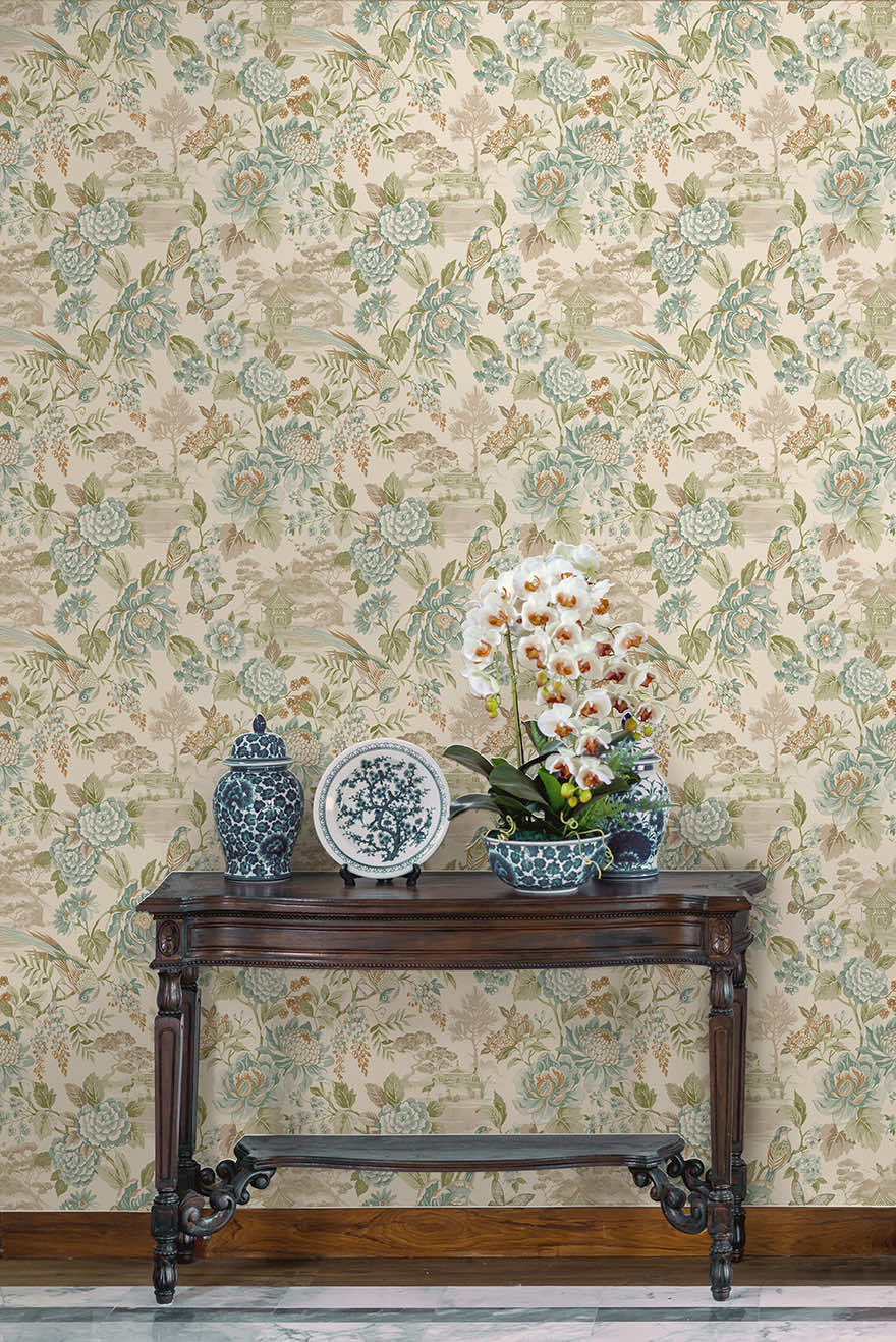 Hana - Japanese Floral - Wallpaper - Teal/Orange