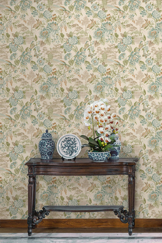 Hana - Japanese Floral - Wallpaper - Teal/Orange
