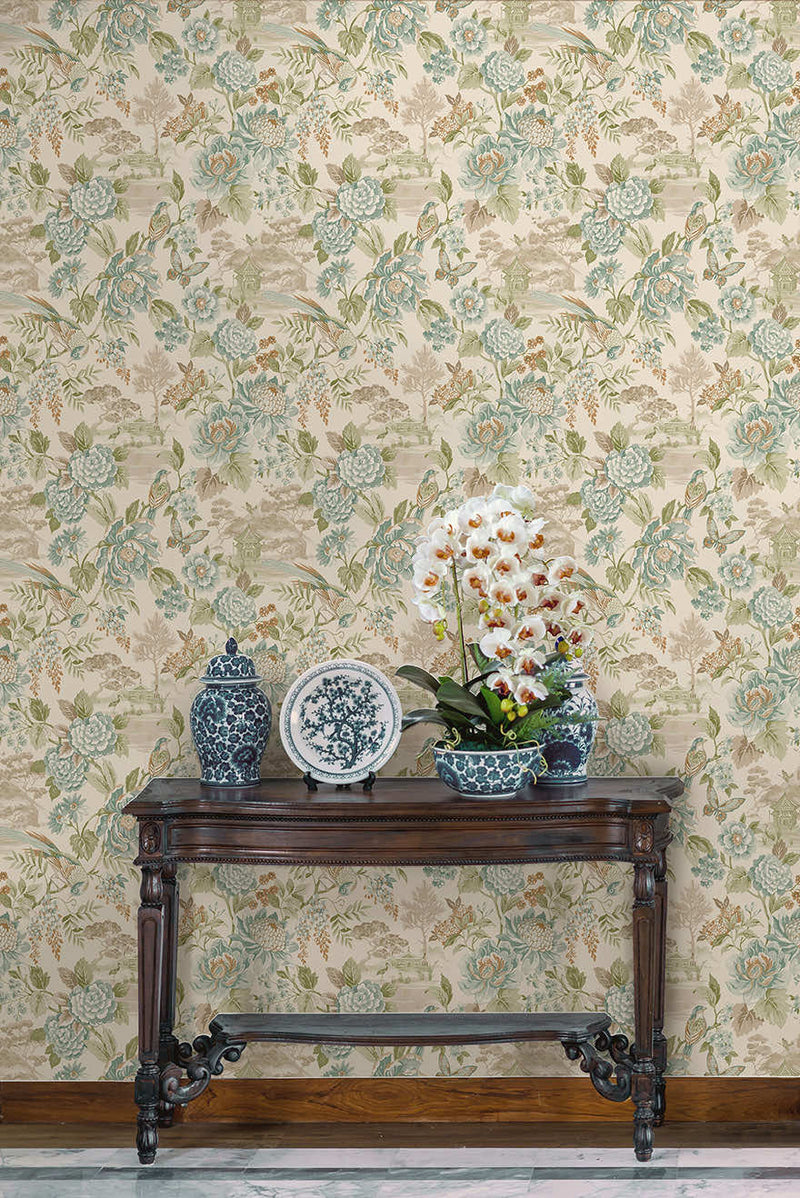Hana - Japanese Floral - Wallpaper -Teal/Orange