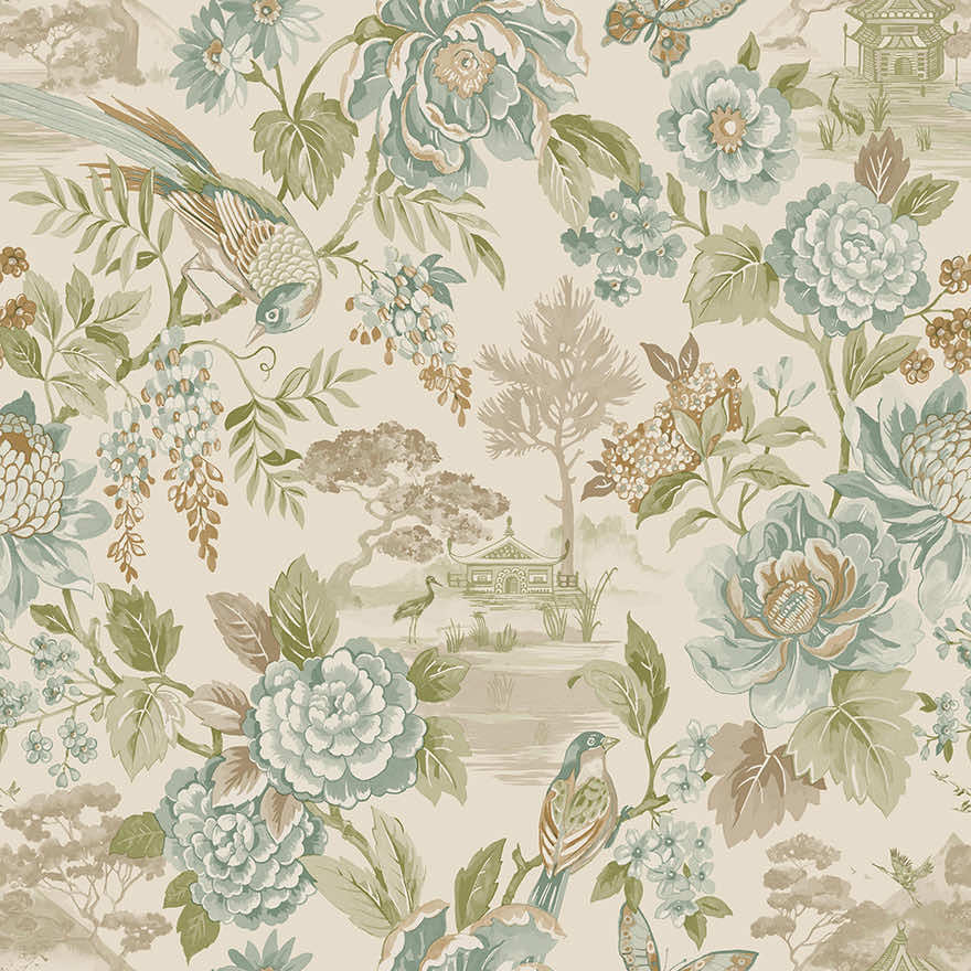 Hana - Japanese Floral - Wallpaper - Teal/Orange