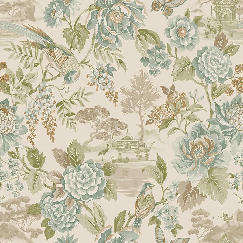 Hana - Japanese Floral - Wallpaper -Teal/Orange