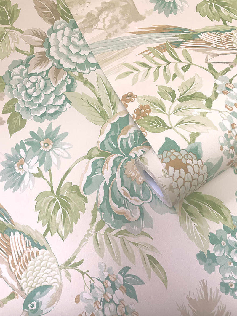 Hana - Japanese Floral - Wallpaper -Teal/Orange
