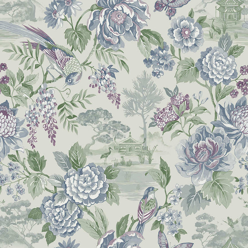 Hana - Japanese Floral - Wallpaper -Blue