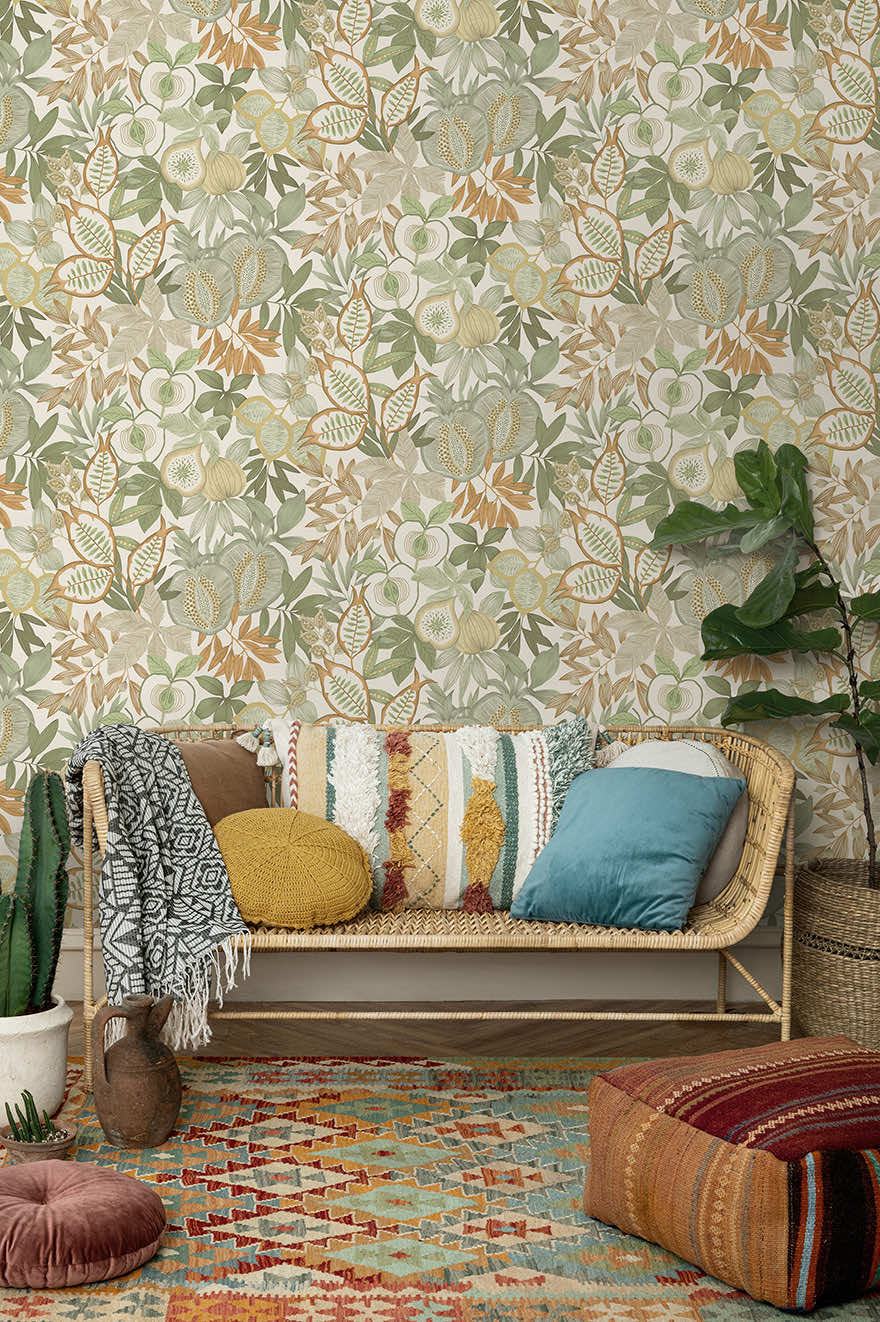 Nagano - Pomegranate and Fig Wallpaper - Green/Orange