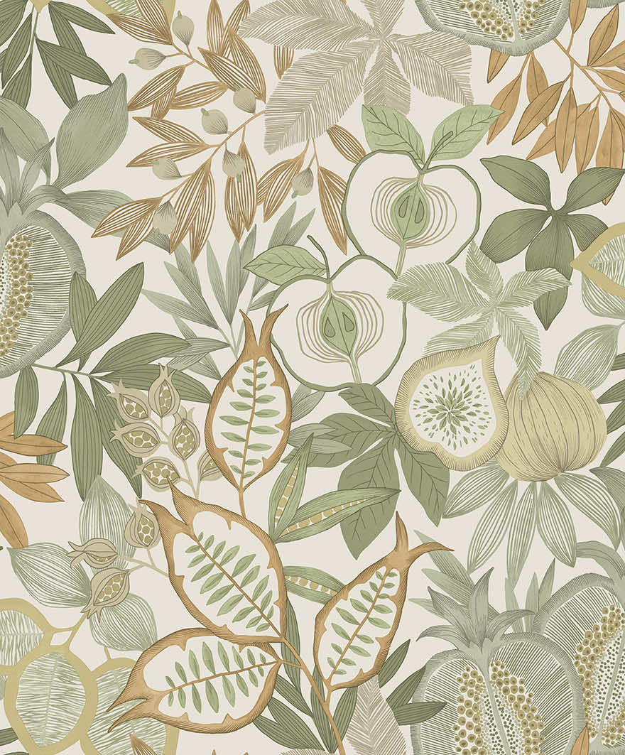 Sample - Nagano - Pomegranate and Fig Wallpaper - Green/Orange