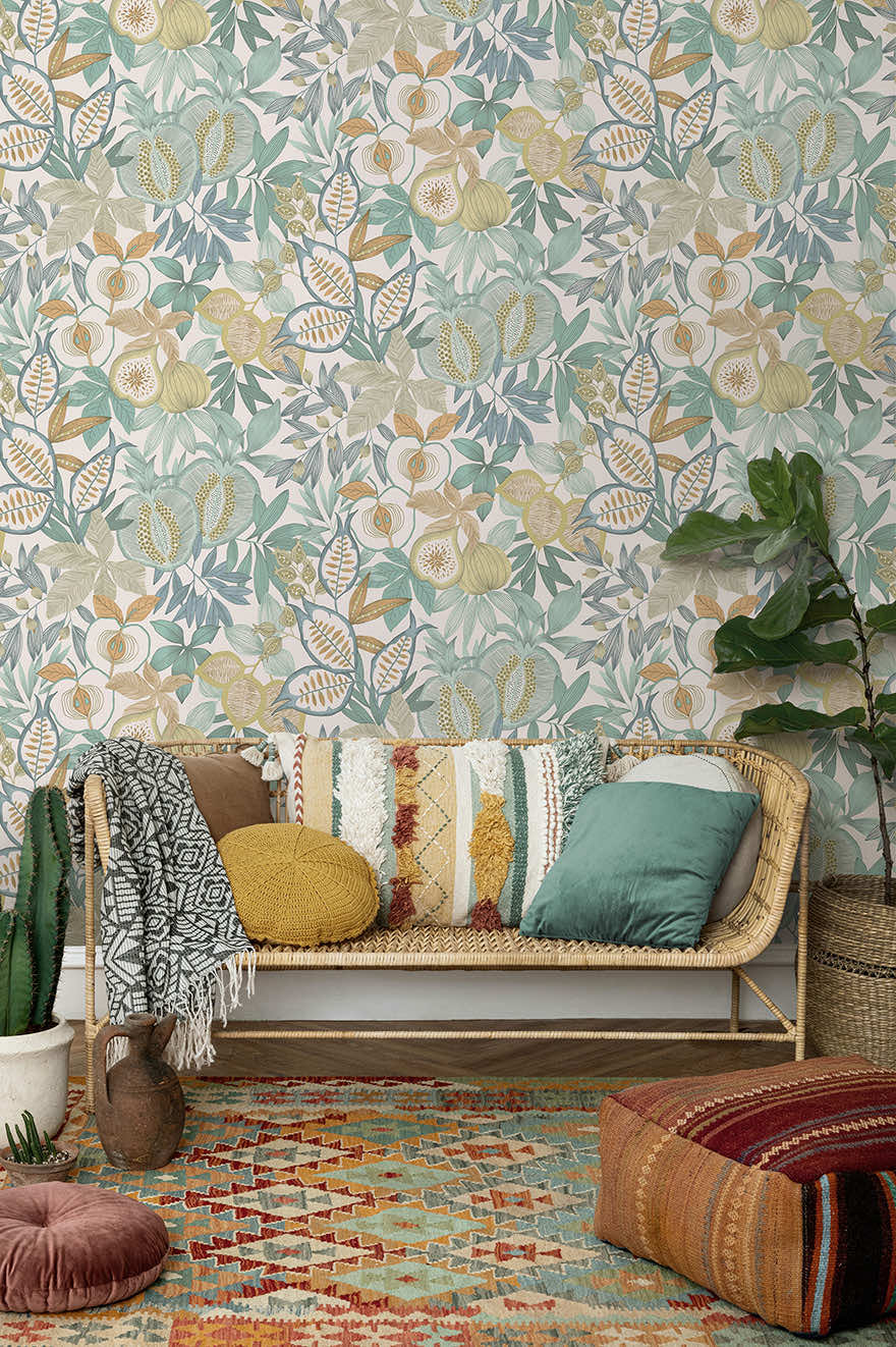 Nagano - Pomegranate and Fig Wallpaper - Blue
