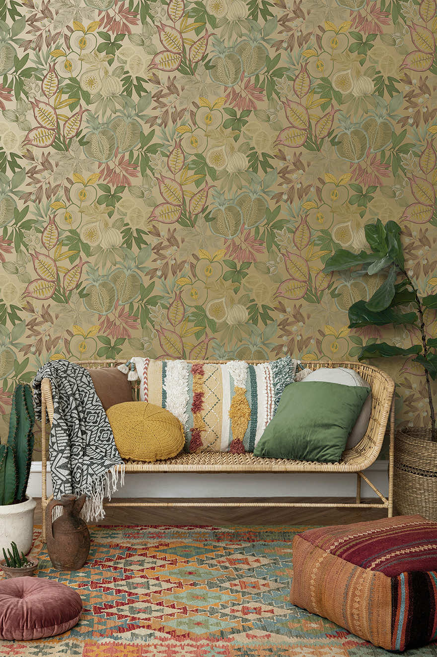 Nagano - Pomegranate and Fig Wallpaper - Gold