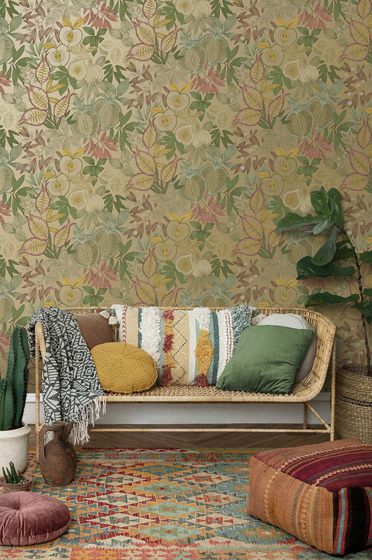 Nagano - Pomegranate and Fig Wallpaper - Gold