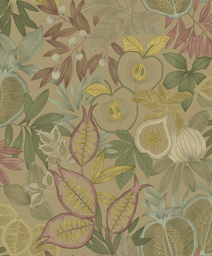 Nagano - Pomegranate and Fig Wallpaper - Gold