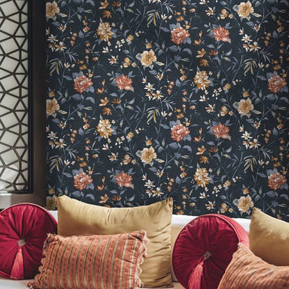 Sazanka - Japanese Floral Wallpaper - Navy