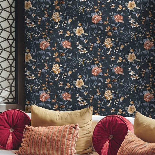 Sazanka - Japanese Floral Wallpaper - Navy