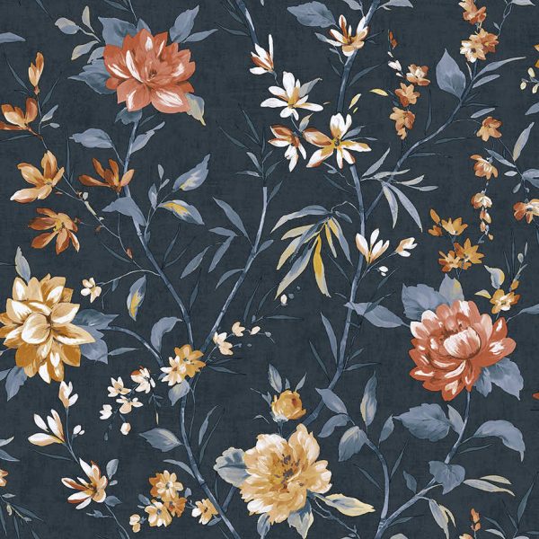 Sazanka - Japanese floral wallpaper -Navy