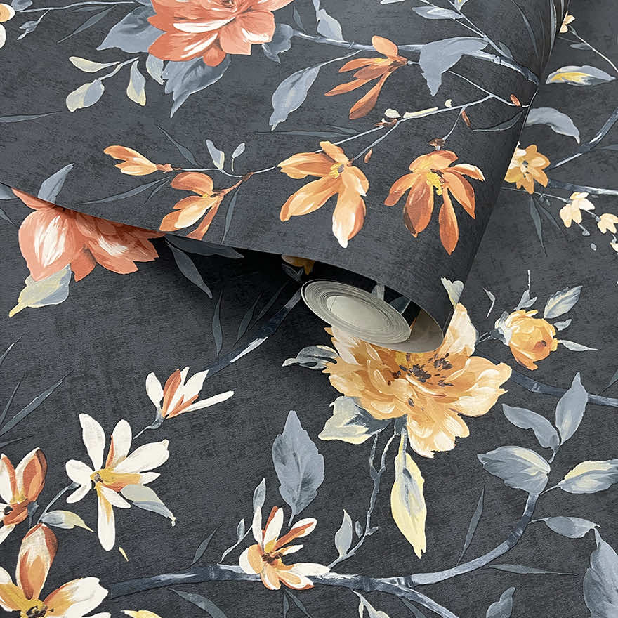 Sazanka - Japanese Floral Wallpaper - Navy
