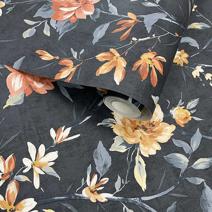 Sazanka - Japanese Floral Wallpaper - Navy