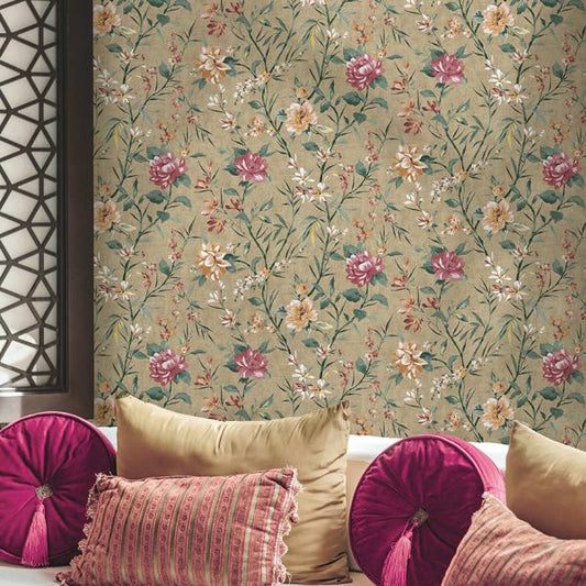 Sazanka - Japanese Floral Wallpaper - Taupe