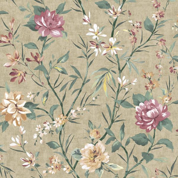 Sample - Sazanka - Japanese floral wallpaper -Taupe